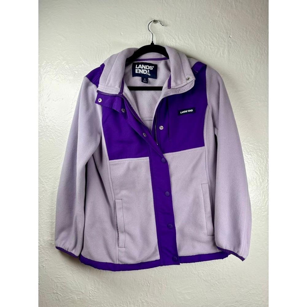 Lands End Womens Purple Hood Fleece Jacket Full Zip‎ Snap S 6-8 Layering Spring